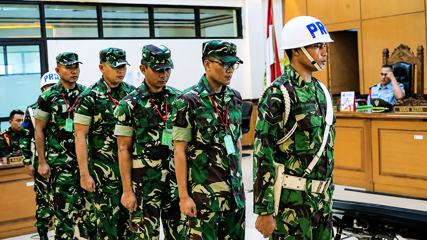 Empat anggota TNI berdiri dalam sidang Pengadilan Militer Jakarta saat menjalani proses pembacaan vonis terkait kasus penyiraman air keras terhadap aktivis Andrie Yunus.