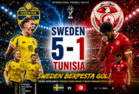 Para pemain Sweden menunjukkan performa impresif saat menundukkan Tunisia dengan skor 5-1 dalam laga internasional yang berlangsung di Stockholm County.(dok foto : AI)