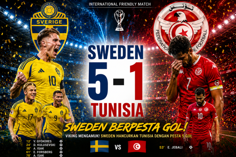 Para pemain Sweden menunjukkan performa impresif saat menundukkan Tunisia dengan skor 5-1 dalam laga internasional yang berlangsung di Stockholm County.(dok foto : AI)
