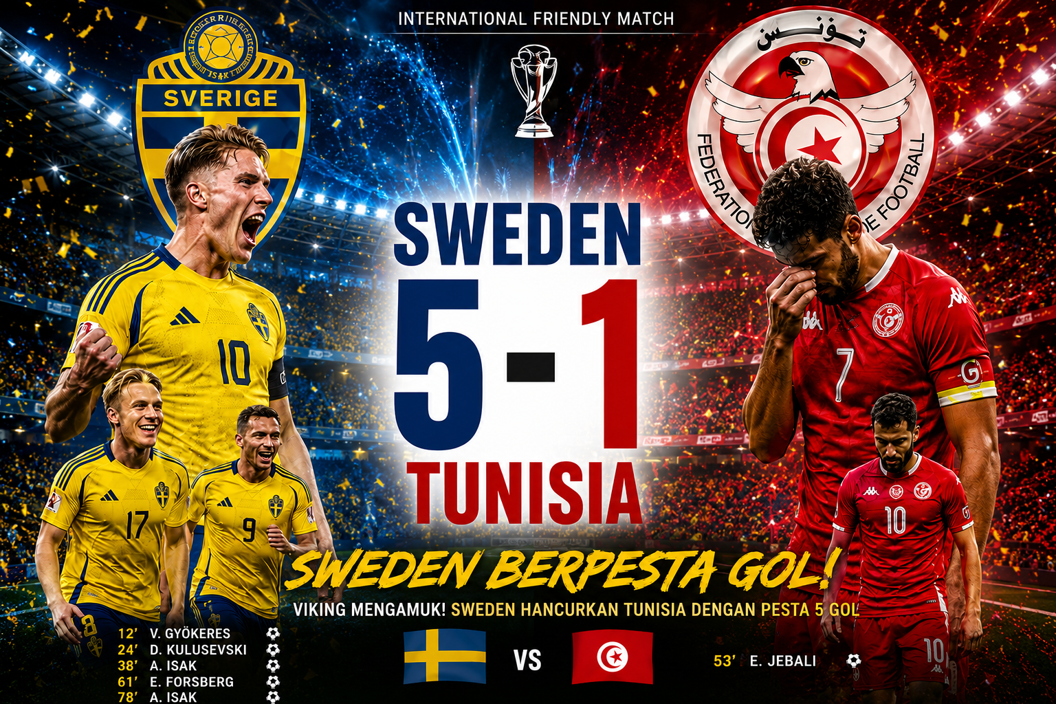 Viking Mengamuk di Tengah Panggung Dunia Pemain Sweden merayakan kemenangan telak 5-1 atas Tunisia dalam pertandingan sepak bola internasional yang berlangsung di Stockholm.