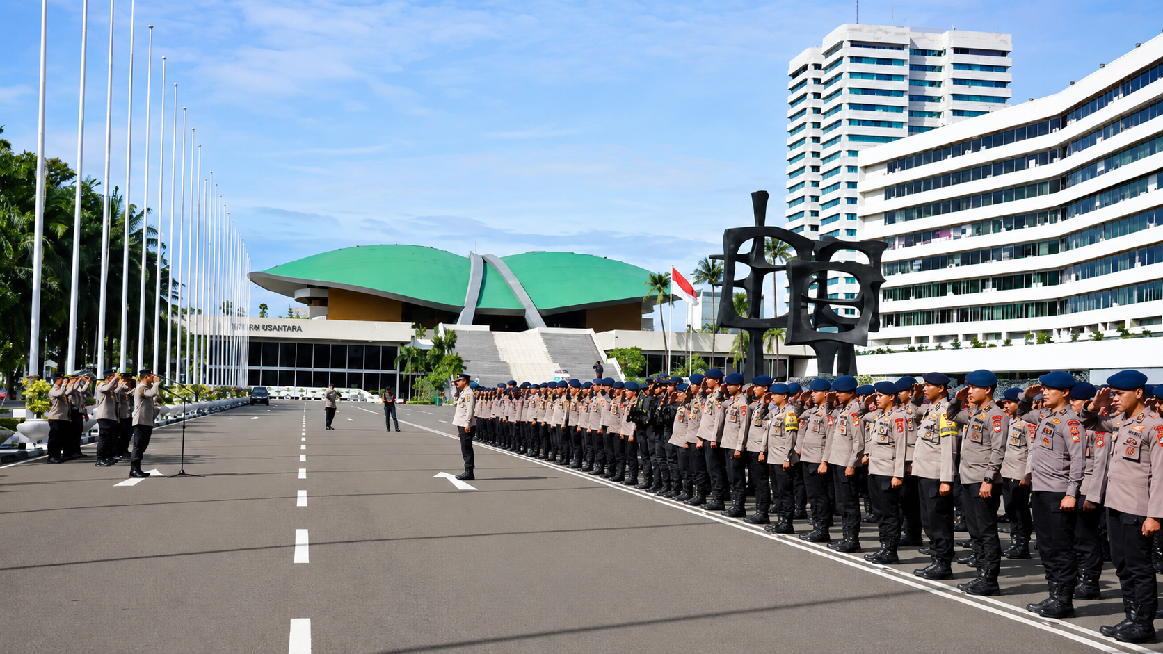 Ribuan Aparat dan Ruang Demokrasi di Tengah Jakarta Ribuan personel gabungan TNI, Polri, dan pemerintah daerah bersiaga mengamankan sejumlah aksi unjuk rasa di berbagai titik strategis Jakarta untuk menjaga keamanan dan ketertiban masyarakat.