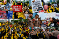 Massa mahasiswa menggelar aksi unjuk rasa di kawasan Thamrin, Jakarta Pusat, dengan membawa lima tuntutan yang menyoroti pengelolaan anggaran negara, harga kebutuhan pokok, program pemerintah, dan penguatan ruang sipil dalam demokrasi.(sumber foto: Facebook.com)