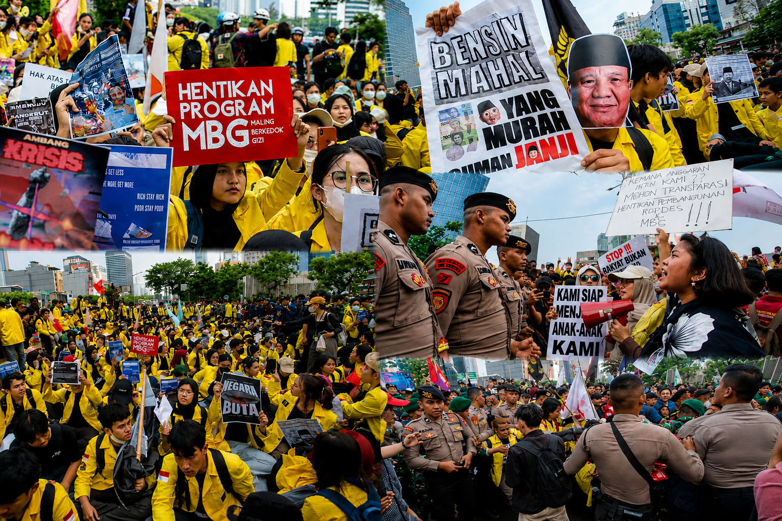Sejumlah mahasiswa dari BEM UI, UPN, dan IPB menggelar aksi demonstrasi di kawasan Thamrin, Jakarta Pusat, menyampaikan lima tuntutan terkait kebijakan pemerintah, pengelolaan APBN, harga bahan pokok, BBM, serta isu militerisme di ranah sipil.